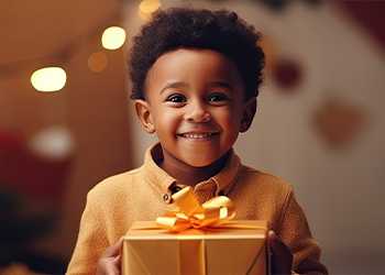 A little boy smiles at the camera, holding a wrapped gift