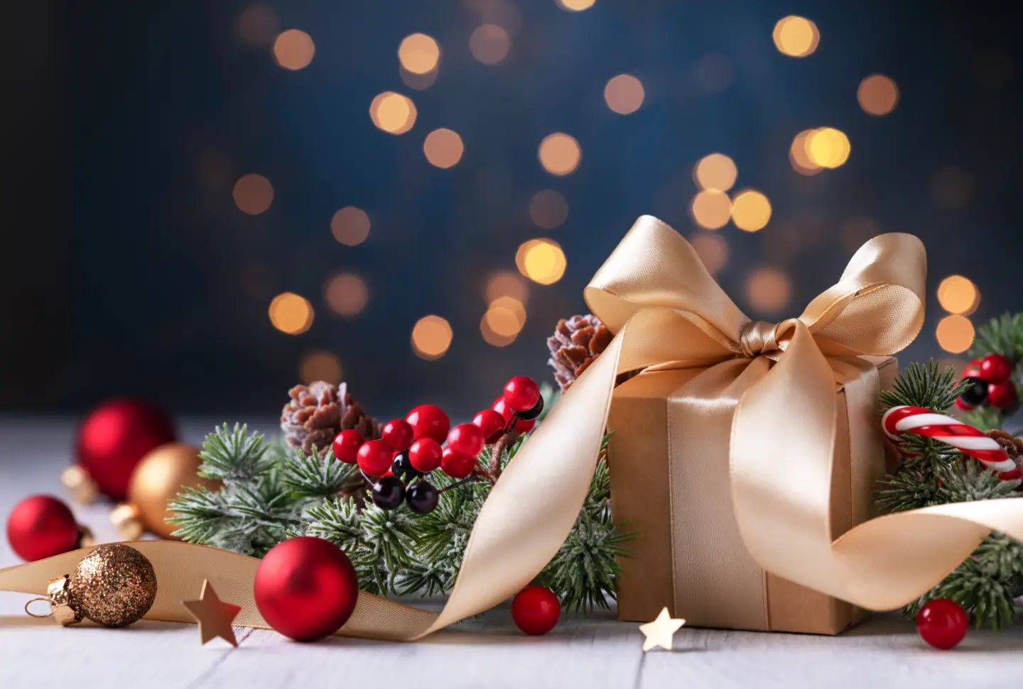 A present with ornaments around it